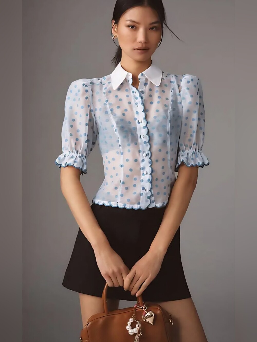 Anthropologie, Maeve Puff-Shoulder Collared Slim Blouse
